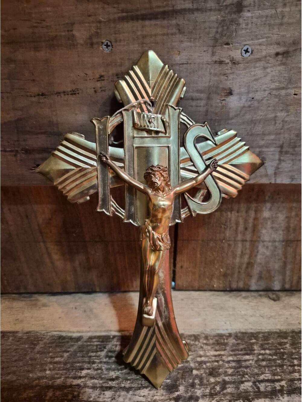 Vintage Heavy 10" BRASS IHS CRUCIFIX Wall Decor Christianity